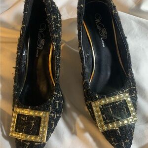Wild Rose Black and Gold Buckle Flats